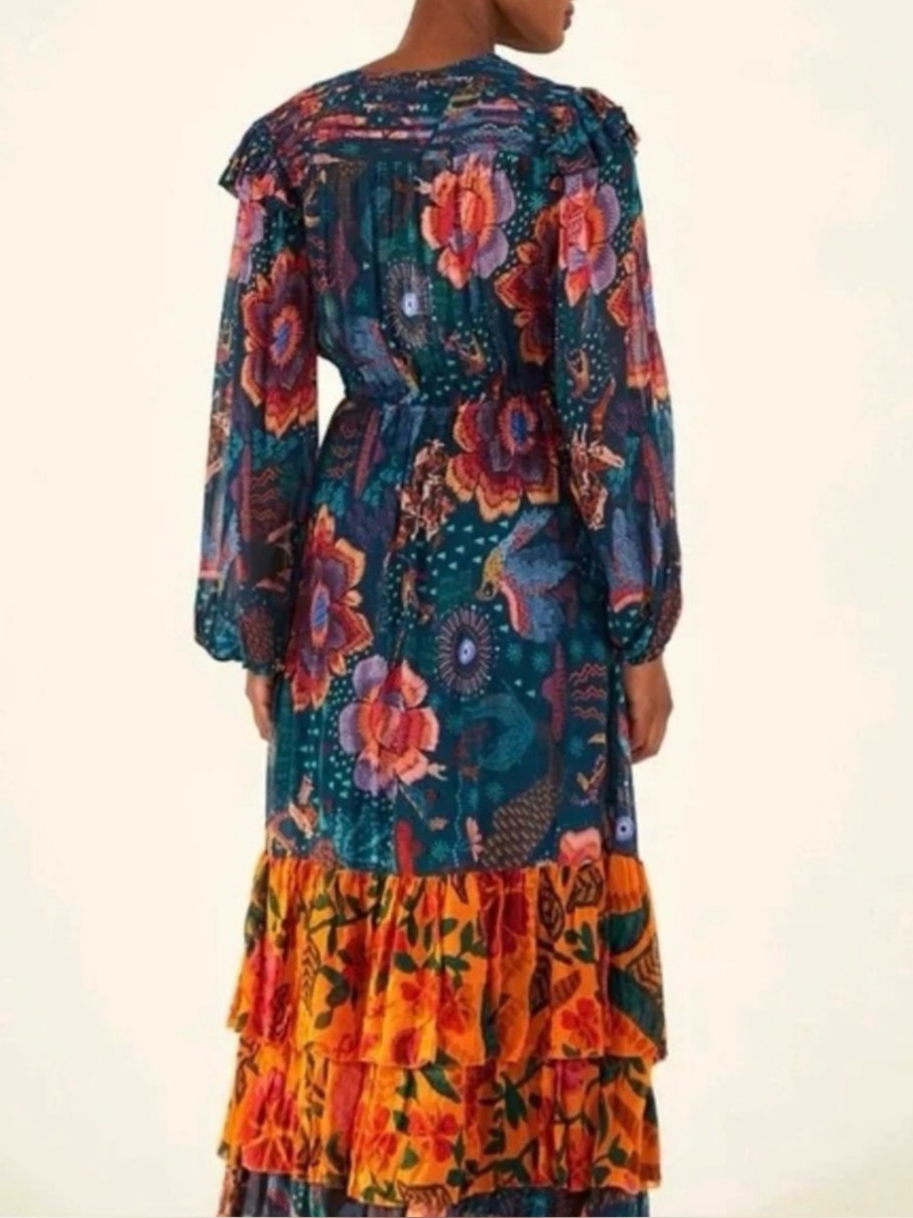 FARM Rio Teal Floral Long Sleeve Maxi Dress with Yellow Ruffle Hem - Picture 3 of 5